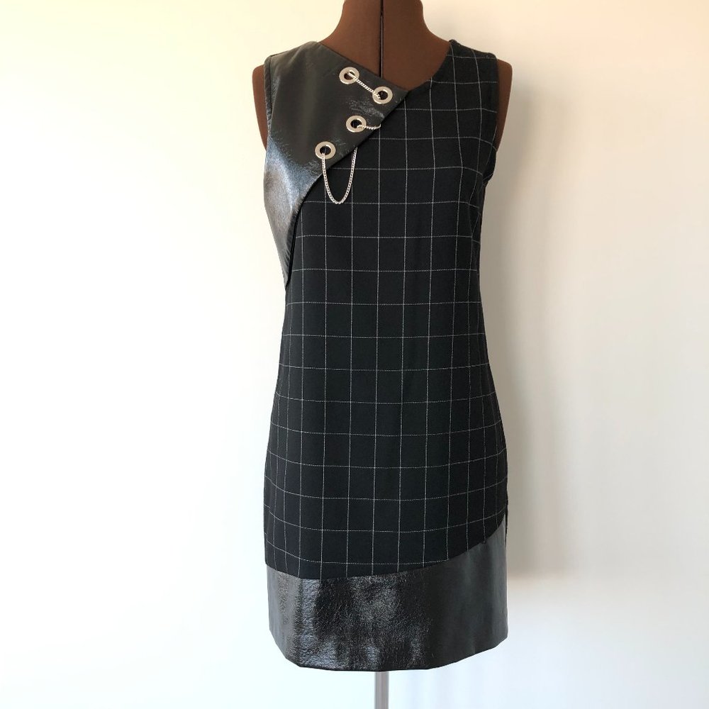 Black Check Dress with Faux Patent Leather Trim